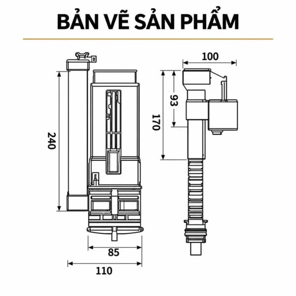 Bản vẽ cọc xả và cọc cấp Eurolife EL-TF02 với các đường kích thước 240, 85, 110, 100, 170 và 93