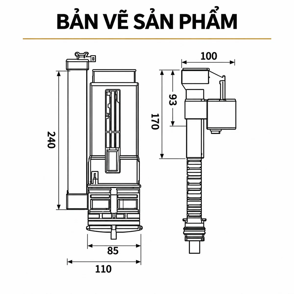 Bản vẽ cọc xả và cọc cấp Eurolife EL-TF02 với các đường kích thước 240, 85, 110, 100, 170 và 93