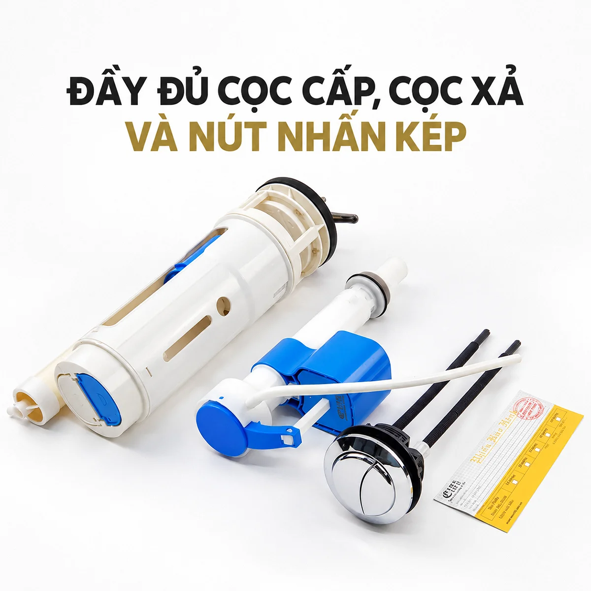 Cọc xả, cọc cấp nước, nút nhấn kép và phiếu bảo hành Eurolife EL-TF02 đặt cạnh nhau