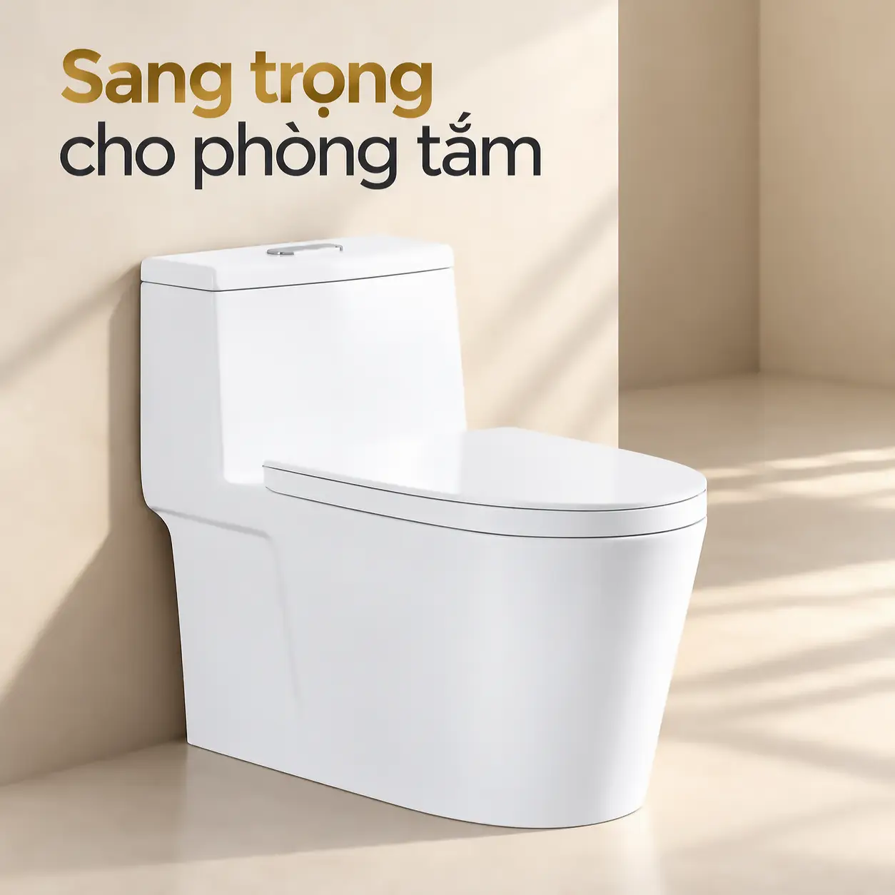 Bồn cầu một khối Eurolife EL-LUX8218 màu trắng, nắp đóng trong không gian phòng tắm tông be.