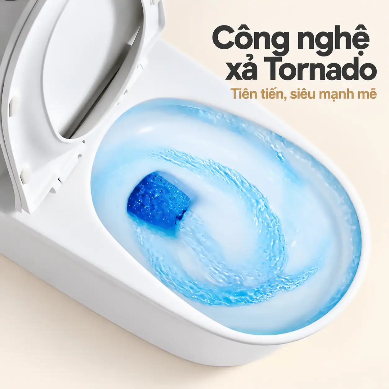 Minh họa dòng nước xoáy Tornado trong lòng bồn cầu Eurolife EL-LUX8218 khi nắp mở.