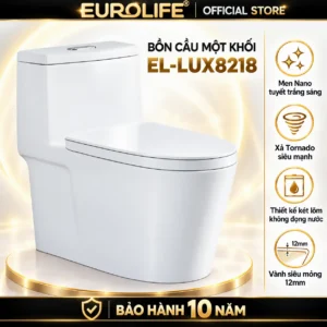 Bồn cầu Eurolife EL-LUX8218 một khối màu trắng, nắp đóng, kèm biểu tượng men Nano tuyết, xả Tornado, két lõm và vành 12 mm.