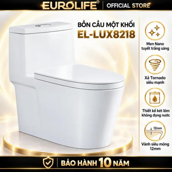 Bồn cầu Eurolife EL-LUX8218 một khối màu trắng, nắp đóng, kèm biểu tượng men Nano tuyết, xả Tornado, két lõm và vành 12 mm.