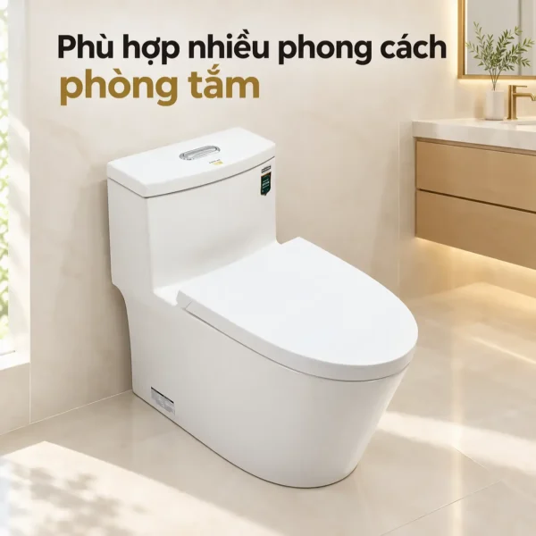 Eurolife EL-LUX8218 màu trắng bố trí cạnh tủ lavabo màu gỗ và vòi màu vàng trong phòng tắm sáng.