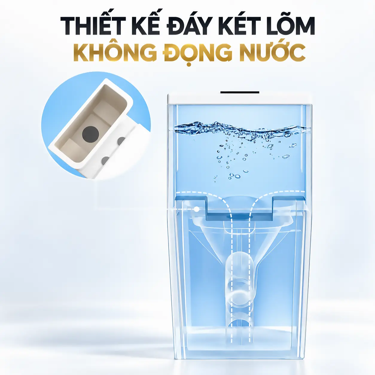 Hình mô phỏng mặt cắt két nước EL-LUX8218, thể hiện vùng đáy lõm và hình bổ sung nhìn từ trên xuống.