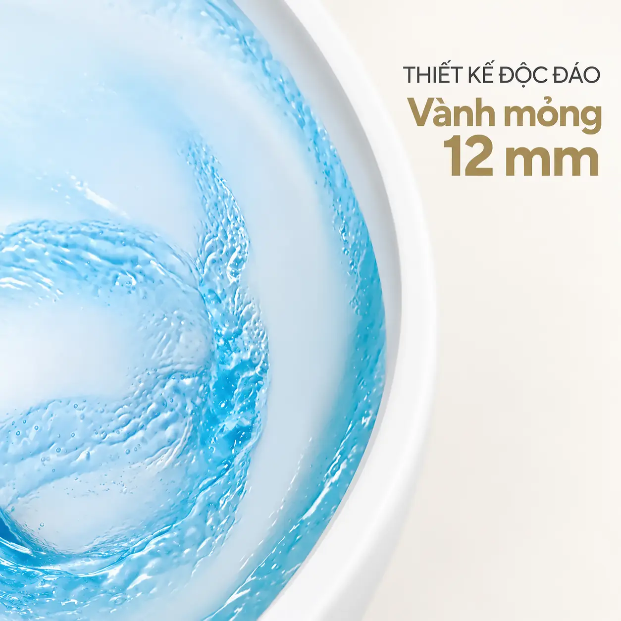 Cận cảnh minh họa vành bồn cầu EL-LUX8218 với dòng nước trong lòng bồn và chú thích dày 12 mm.