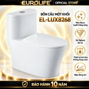 Bồn cầu Eurolife EL-LUX8268 một khối màu trắng, kèm biểu tượng giới thiệu tính năng trên nền vàng.