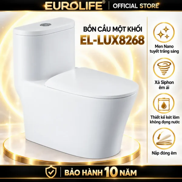 Bồn cầu Eurolife EL-LUX8268 một khối màu trắng, kèm biểu tượng giới thiệu tính năng trên nền vàng.