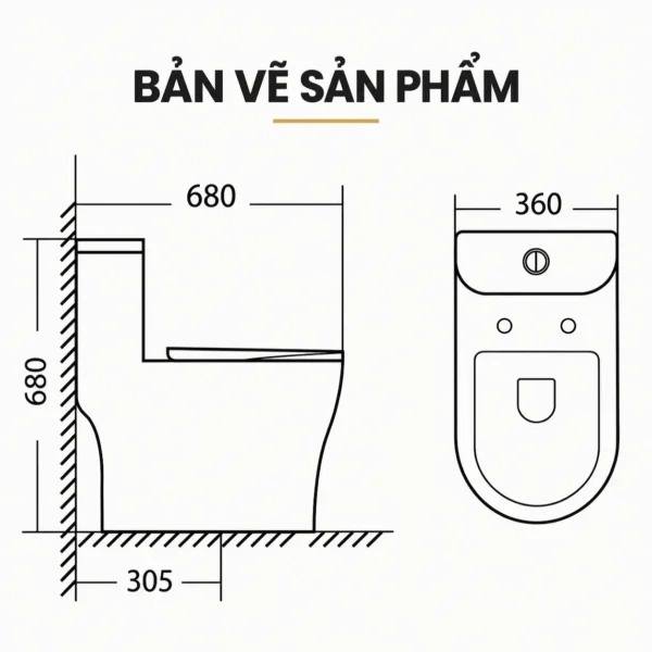 Bản vẽ EL-LUX8268 thể hiện chiều dài 680 mm, rộng 360 mm, cao tổng thể 680 mm và tâm thoát 305 mm.