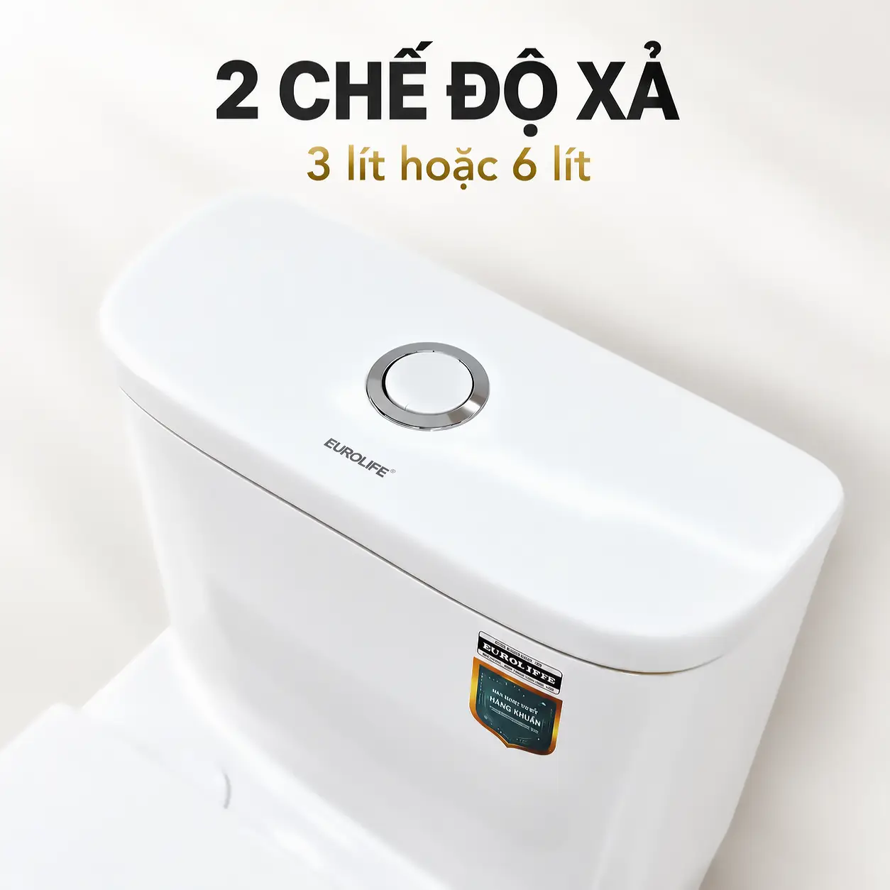 Cận cảnh nút nhấn trên nắp két EL-LUX8268, kèm thông tin hai chế độ xả 3 lít hoặc 6 lít.