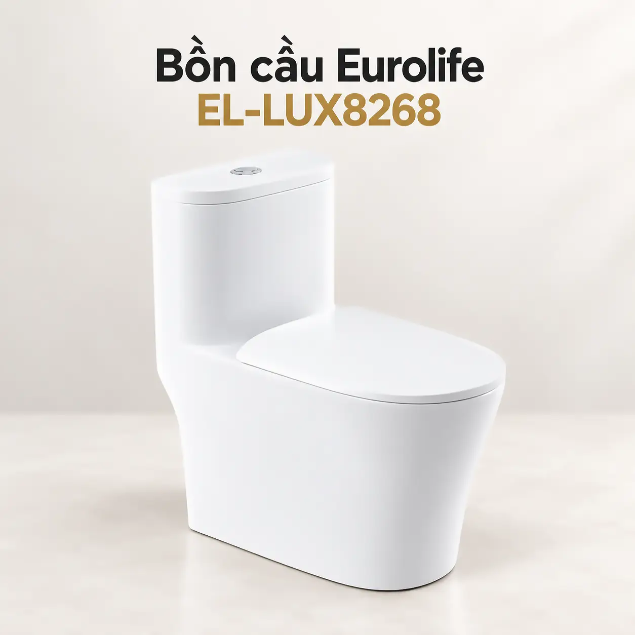 Bồn cầu một khối Eurolife EL-LUX8268 màu trắng nhìn nghiêng, thân liền mạch và nắp đóng.