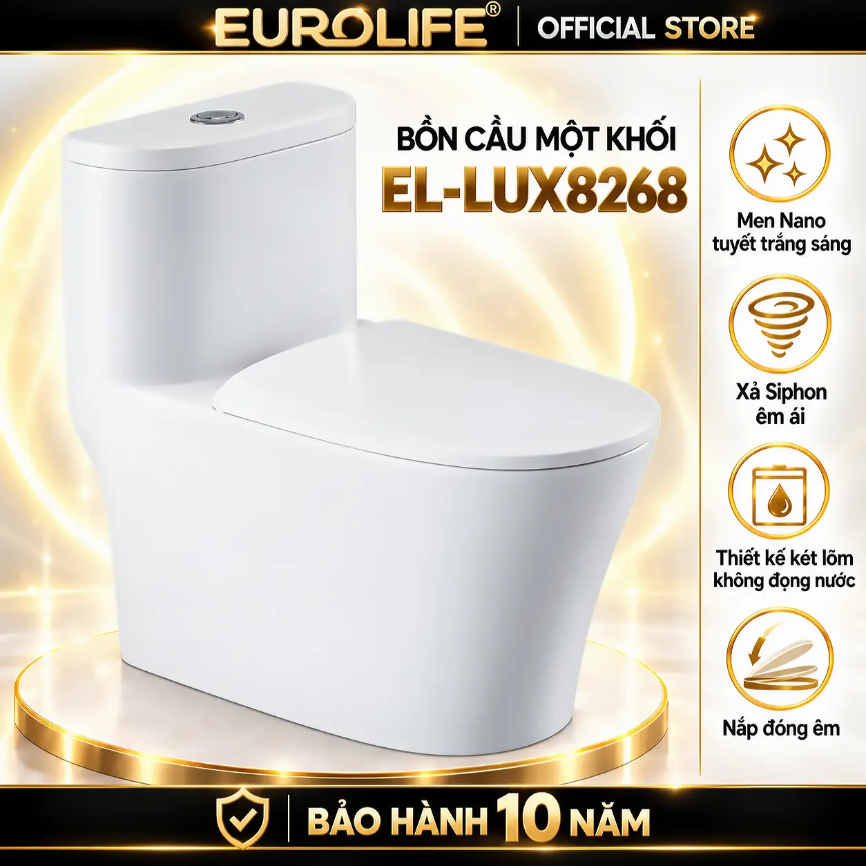 Bồn cầu Eurolife EL-LUX8268 một khối màu trắng, kèm biểu tượng giới thiệu tính năng trên nền vàng.