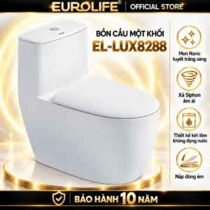 Bồn cầu Eurolife EL-LUX8288 một khối màu trắng, nhìn nghiêng, kèm các biểu tượng giới thiệu tính năng.