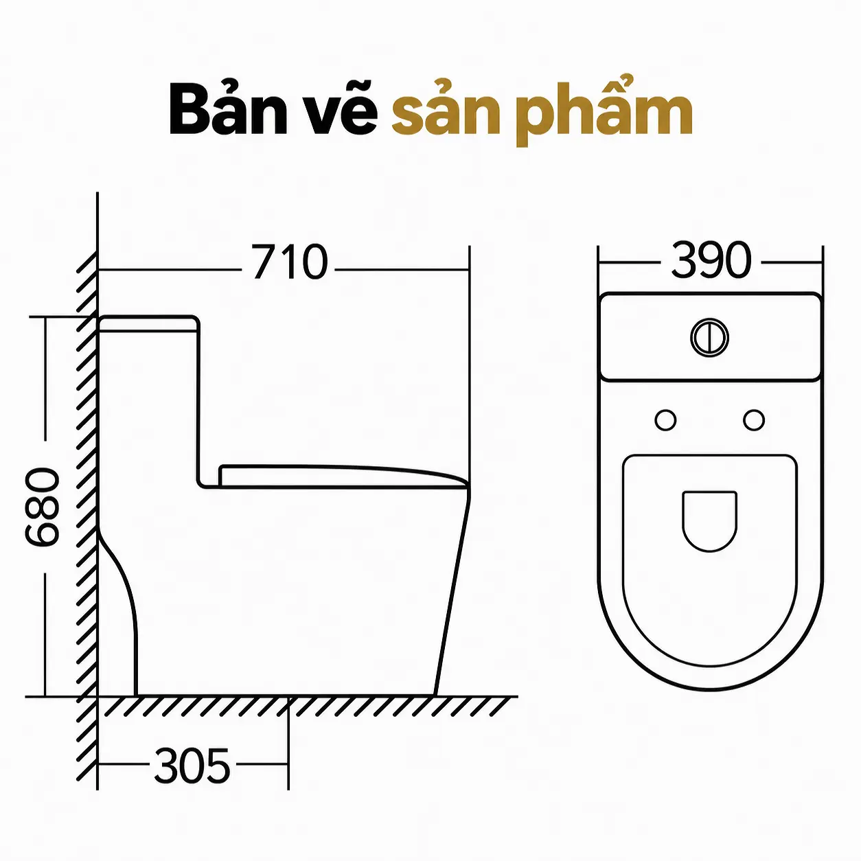 Bản vẽ EL-LUX8298 thể hiện chiều dài 710 mm, rộng 390 mm, cao 680 mm và tâm thoát 305 mm
