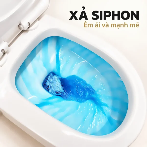 Hình minh họa dòng nước màu xanh chuyển động trong lòng bồn cầu, kèm chữ xả Siphon