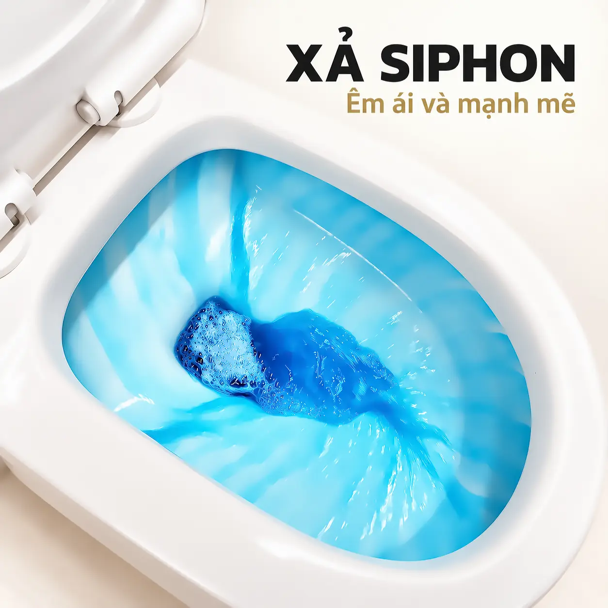 Hình minh họa dòng nước màu xanh chuyển động trong lòng bồn cầu, kèm chữ xả Siphon