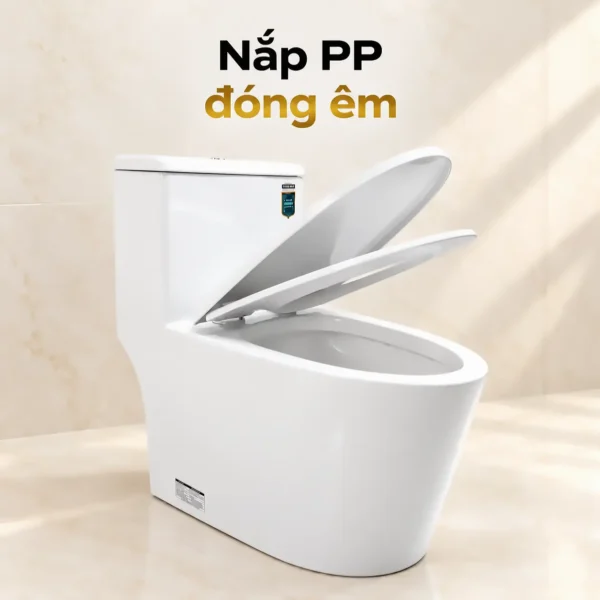 Nắp và vành ngồi bồn cầu Eurolife EL-LUX8298 đang mở, kèm dòng chữ nắp PP đóng êm