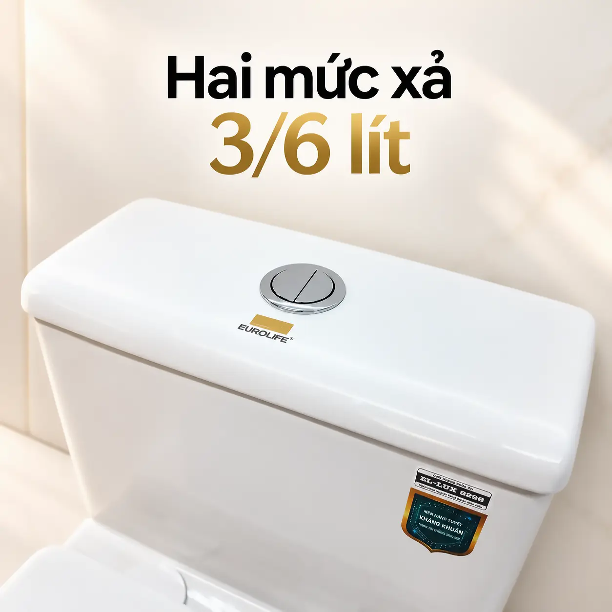 Cận cảnh nút nhấn hai chế độ trên két nước Eurolife EL-LUX8298, kèm thông tin xả 3/6 lít