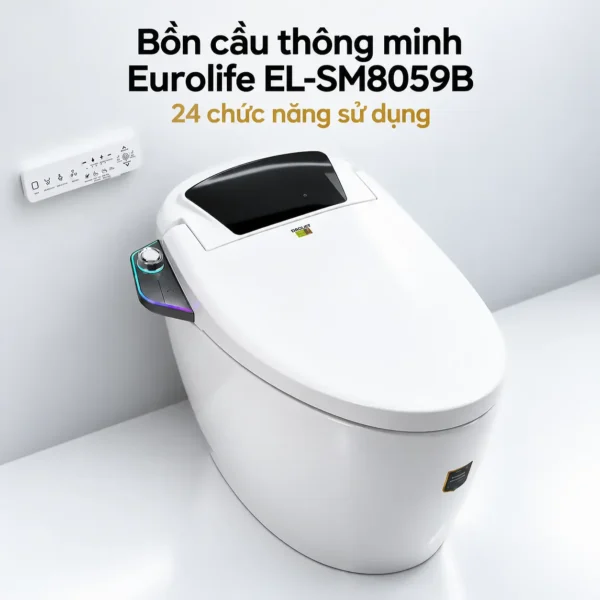 Eurolife EL-SM8059B nhìn chếch từ trên, nắp đóng, núm điều khiển bên hông và remote trên tường