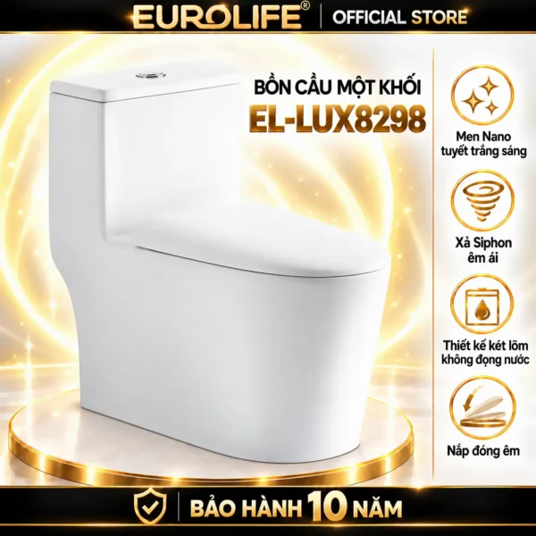Bồn cầu một khối Eurolife EL-LUX8298 màu trắng trên nền vàng đen, kèm biểu tượng men Nano tuyết, xả Siphon và nắp đóng êm