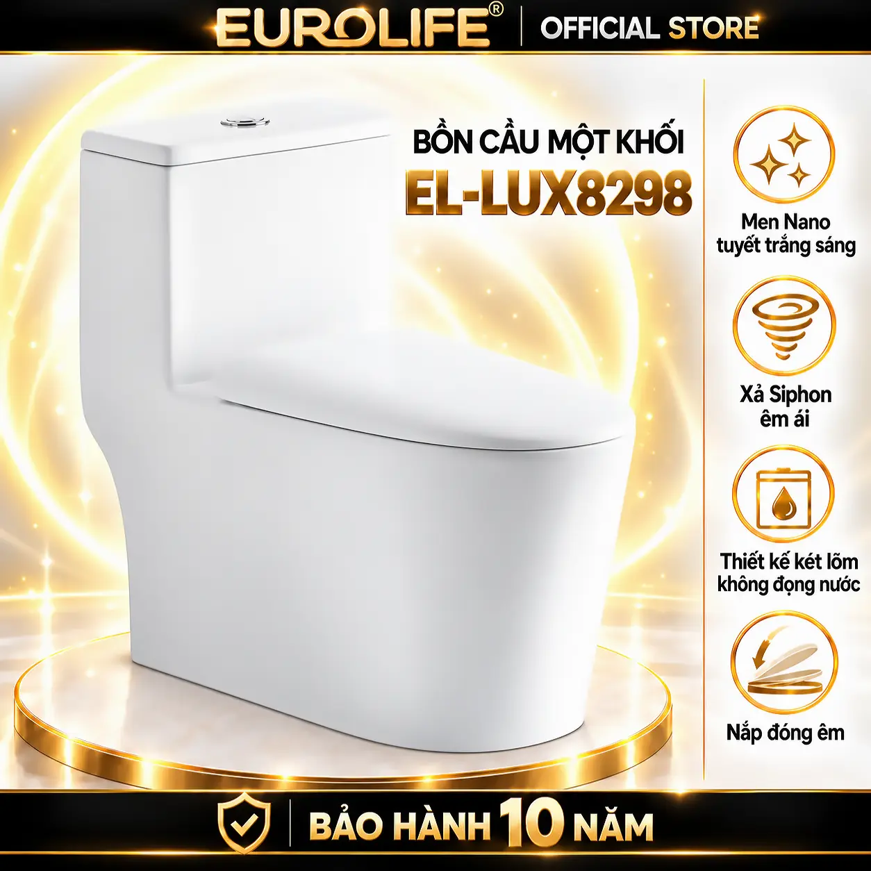 Bồn cầu một khối Eurolife EL-LUX8298 màu trắng trên nền vàng đen, kèm biểu tượng men Nano tuyết, xả Siphon và nắp đóng êm