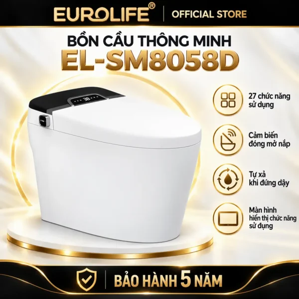 Bồn cầu thông minh Eurolife EL-SM8058D màu trắng, kèm thông tin 27 chức năng và các tiện ích tự động.