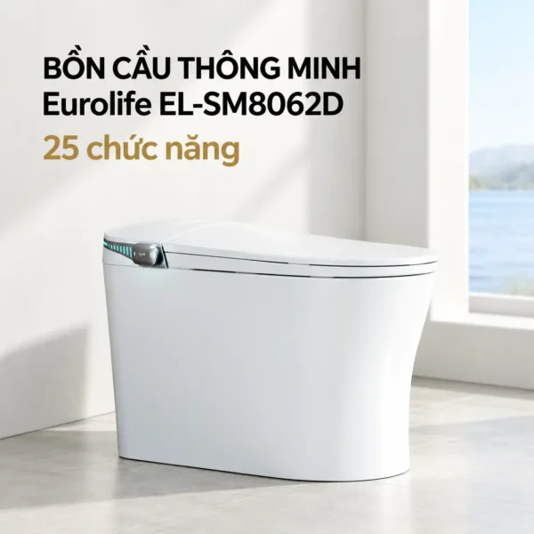 Bồn cầu thông minh Eurolife EL-SM8062D màu trắng, nắp đóng, có núm điều khiển bên hông và dải LED phía sau.