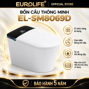 Bồn cầu thông minh Eurolife EL-SM8069D thân trắng, cụm phía sau màu đen và thông tin giới thiệu 27 chức năng.