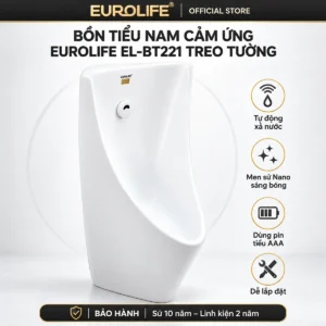 Bồn tiểu nam cảm ứng Eurolife EL-BT221 treo tường với thông tin men Nano, pin AAA và bảo hành.