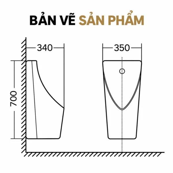 Bản vẽ mặt trước và mặt bên EL-BT221, rộng 350 mm, sâu 340 mm, cao 700 mm.