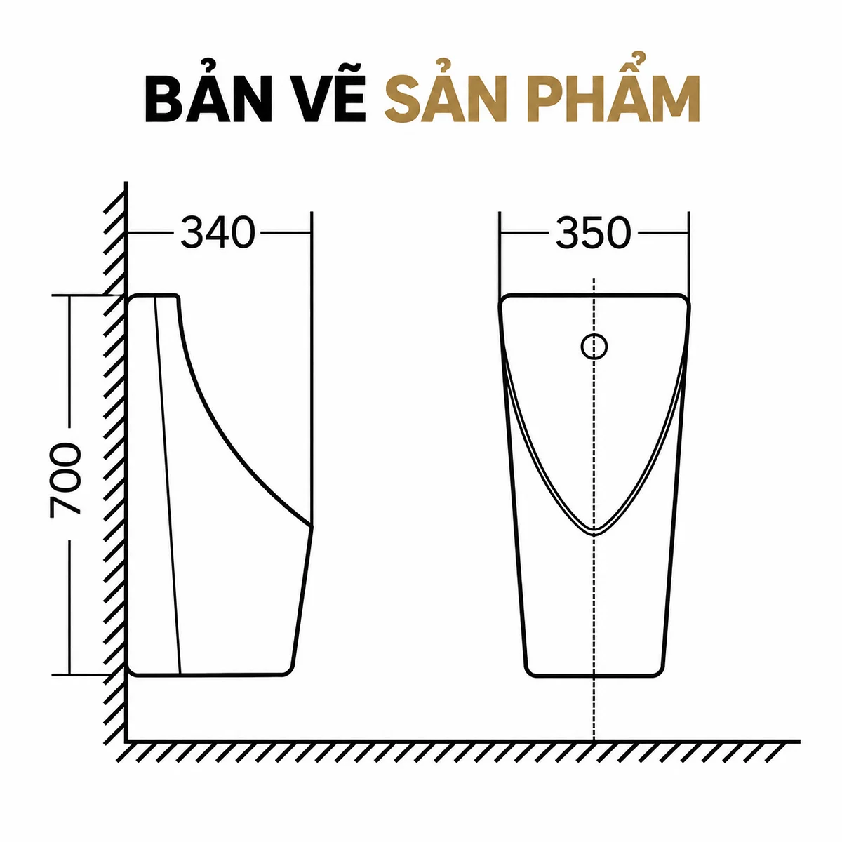 Bản vẽ mặt trước và mặt bên EL-BT221, rộng 350 mm, sâu 340 mm, cao 700 mm.