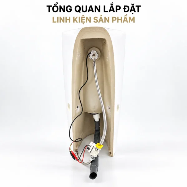 Mặt sau bồn tiểu nam Eurolife EL-BT221 với dây cấp nước, van xả cảm ứng, dây kết nối và ống thoát mềm.
