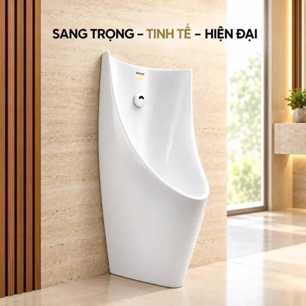 Phối cảnh minh họa bồn tiểu Eurolife EL-BT221 màu trắng trên nền tường màu be cạnh các thanh gỗ.