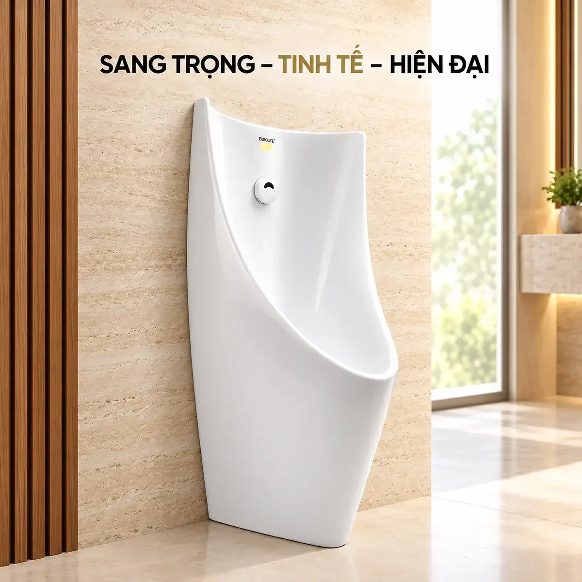 Phối cảnh minh họa bồn tiểu Eurolife EL-BT221 màu trắng trên nền tường màu be cạnh các thanh gỗ.