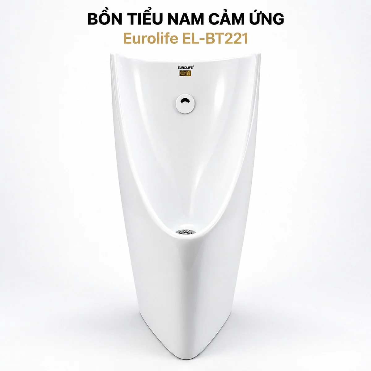 Mặt trước bồn tiểu nam Eurolife EL-BT221 màu trắng với mắt cảm biến và rốn xả trong lòng bồn.
