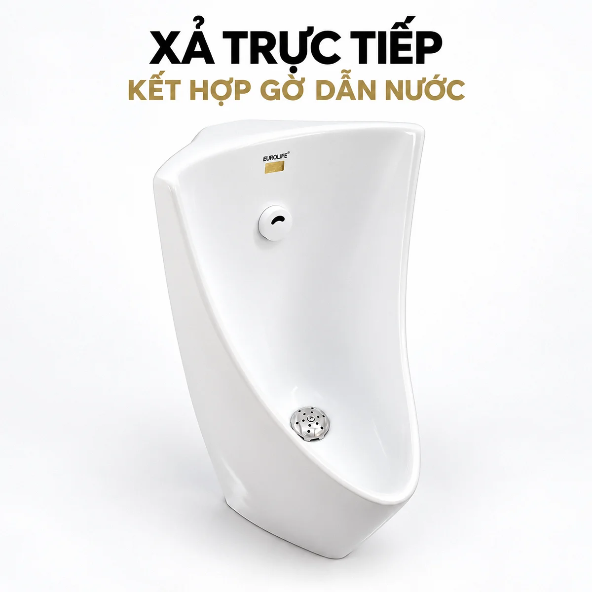 Góc nghiêng lòng bồn Eurolife EL-BT221 với mắt cảm biến và nắp rốn xả, minh họa mục xả trực tiếp.