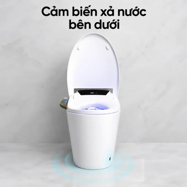 EL-SM8059B mở nắp với hiệu ứng vòng sáng xanh quanh chân bồn, minh họa cảm biến xả nước bên dưới