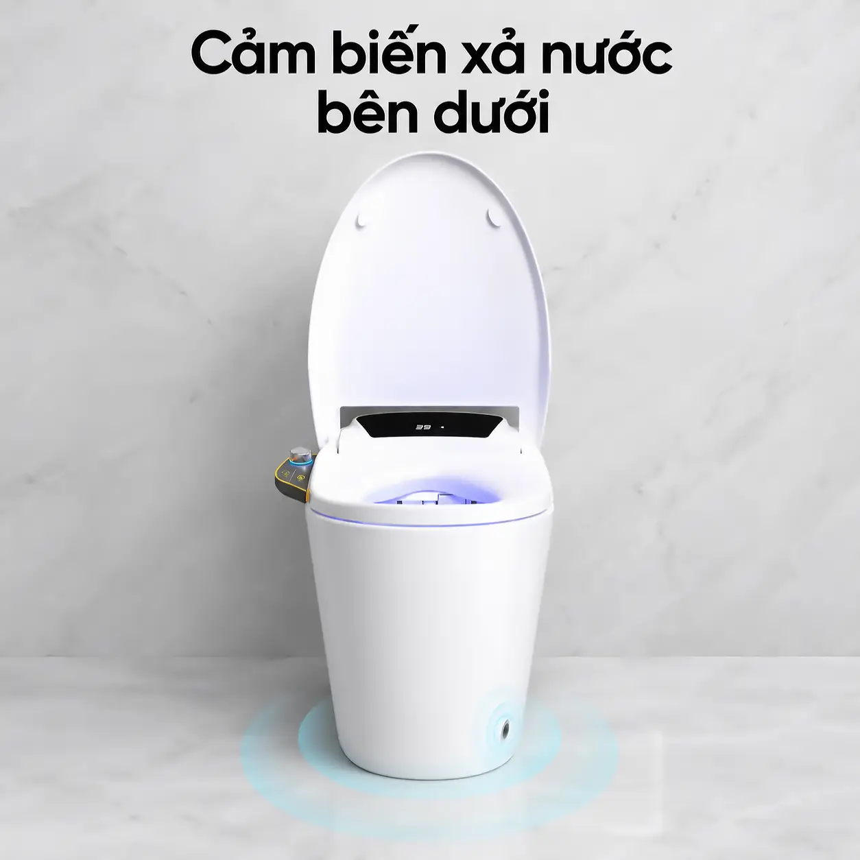 EL-SM8059B mở nắp với hiệu ứng vòng sáng xanh quanh chân bồn, minh họa cảm biến xả nước bên dưới