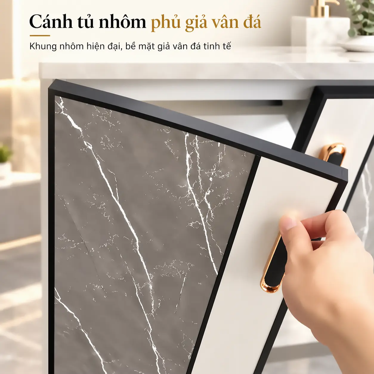 Cánh tủ nhôm Aluminium phủ giả vân đá nâu nhạt Eurolife BLV-AL15, khung viền đen, phối mảng màu sáng và tay nắm viền vàng.