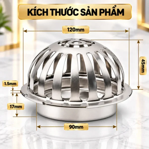 Kích thước cầu chắn rác inox 304 phi 90 Eurolife EL-CR02 mặt Ø120 mm, lồng cao 45 mm và thân dưới Ø90 mm