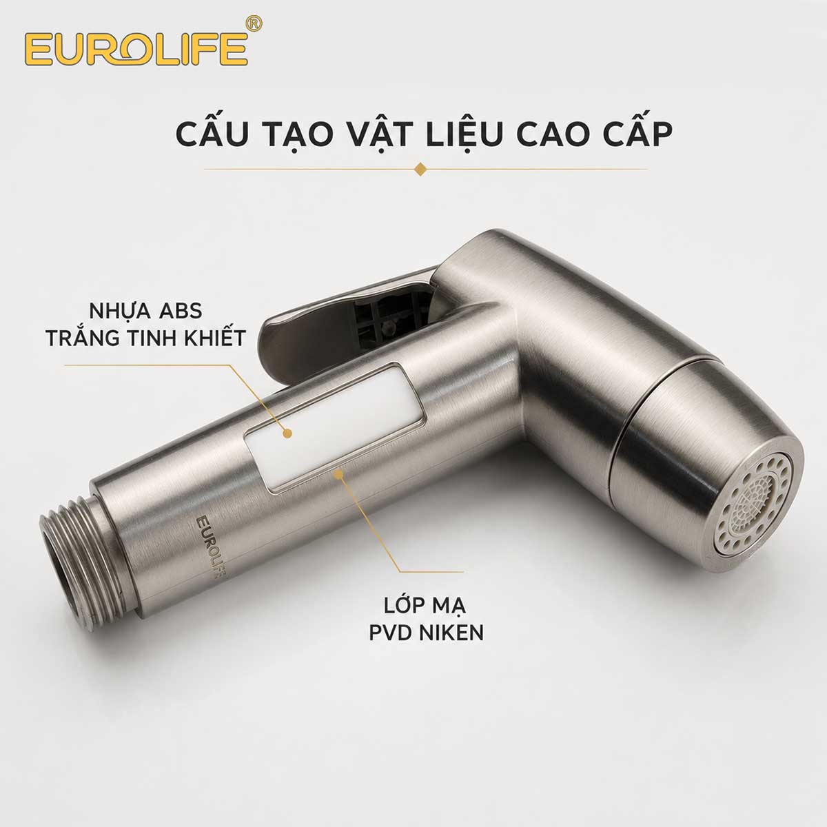 Cấu tạo thân vòi xịt Eurolife EL-X12-V gồm lõi nhựa ABS trắng và lớp hoàn thiện PVD màu Niken. 