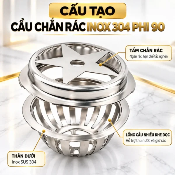 Cấu tạo cầu chắn rác Eurolife EL-CR02 với lồng cầu nhiều khe dọc, đế giữ rác và thân Inox SUS 304