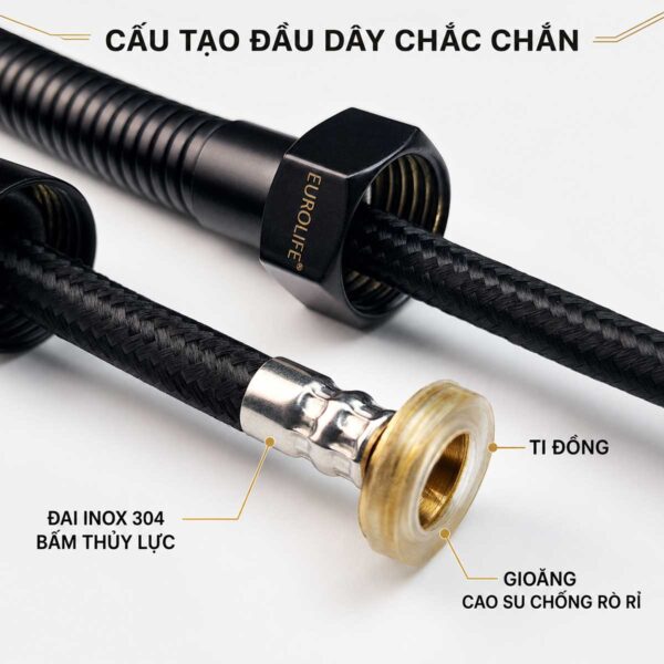Đầu dây vòi xịt Eurolife EL-X11-D gồm ti đồng, đai Inox 304 bấm thủy lực và gioăng cao su làm kín
