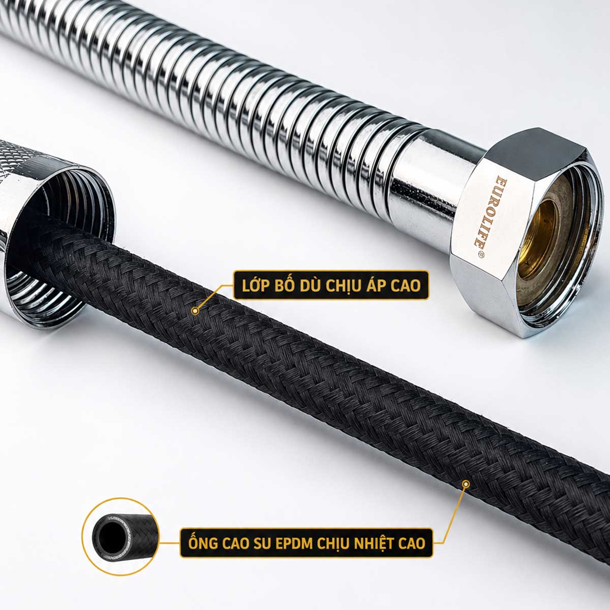 Cấu tạo dây xịt Eurolife EL-X06 với lớp bố dù gia cường và ống cao su EPDM chịu nhiệt bên trong.