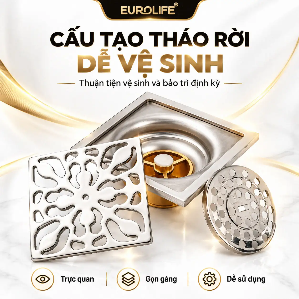 Cấu tạo tháo rời gồm nắp hoa văn và tấm lọc rác của thoát sàn Eurolife EL-HG06