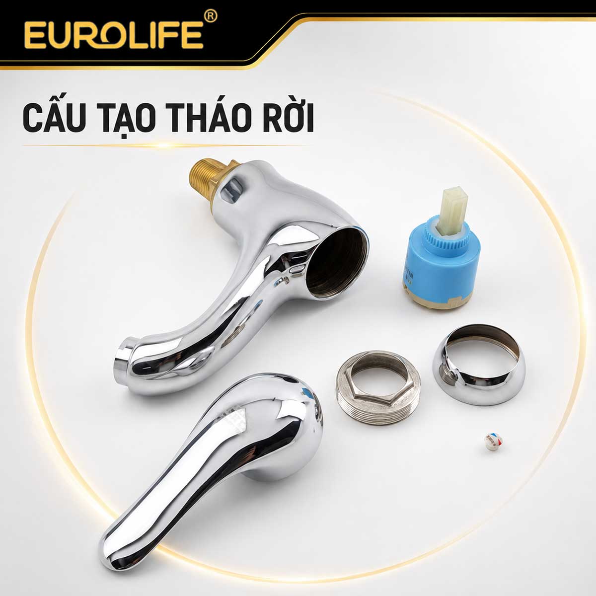 Cấu tạo tháo rời vòi lavabo thân cao Eurolife EL-LL117 gồm thân vòi, tay gạt và van Ceramic
