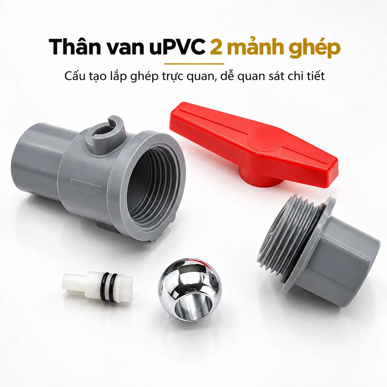 Cấu tạo tháo rời van bi uPVC 2 mảnh ghép Eurolife EL-VCC gồm thân van tay van trục và bi cầu