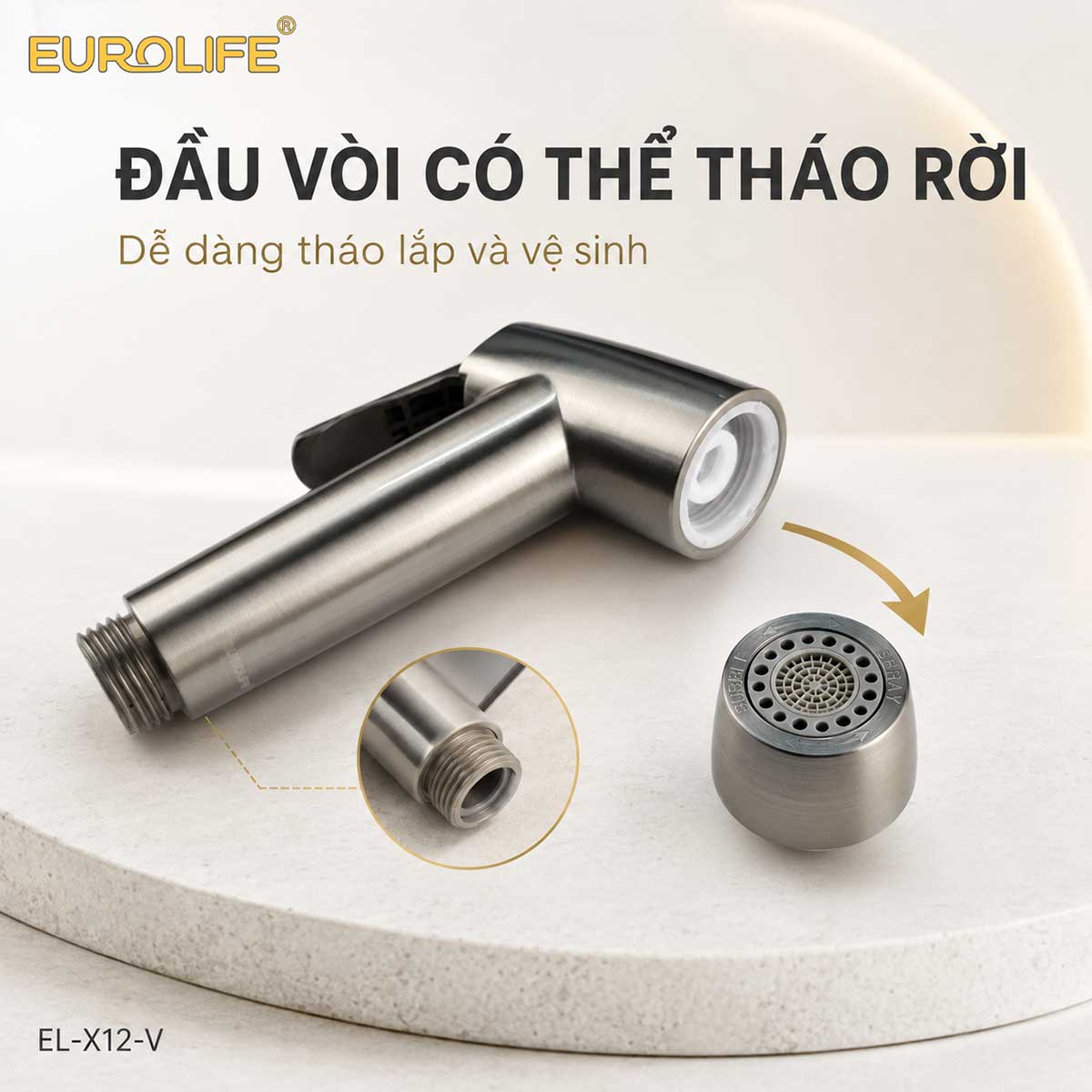 Đầu vòi Eurolife EL-X12-V có thể tháo rời để chuyển đổi chế độ nước, thuận tiện khi tháo lắp và vệ sinh. 