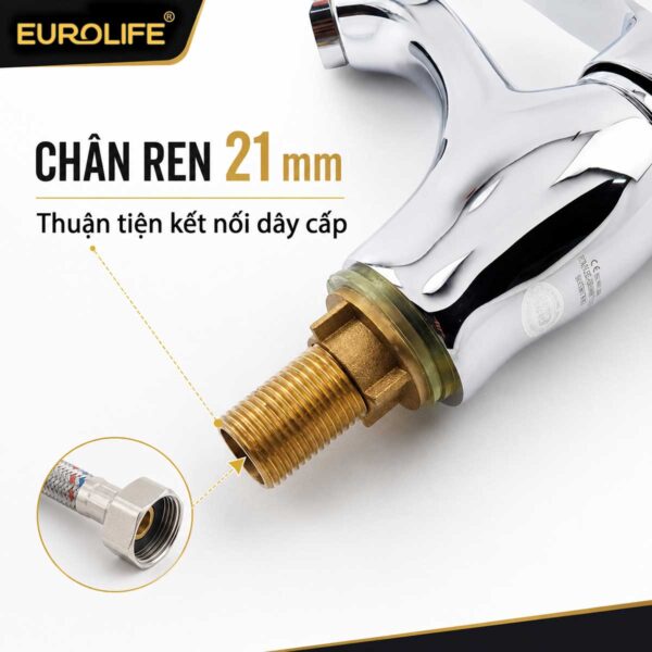 Chân ren 21mm của vòi lavabo Eurolife EL-LL117 thuận tiện kết nối dây cấp nước