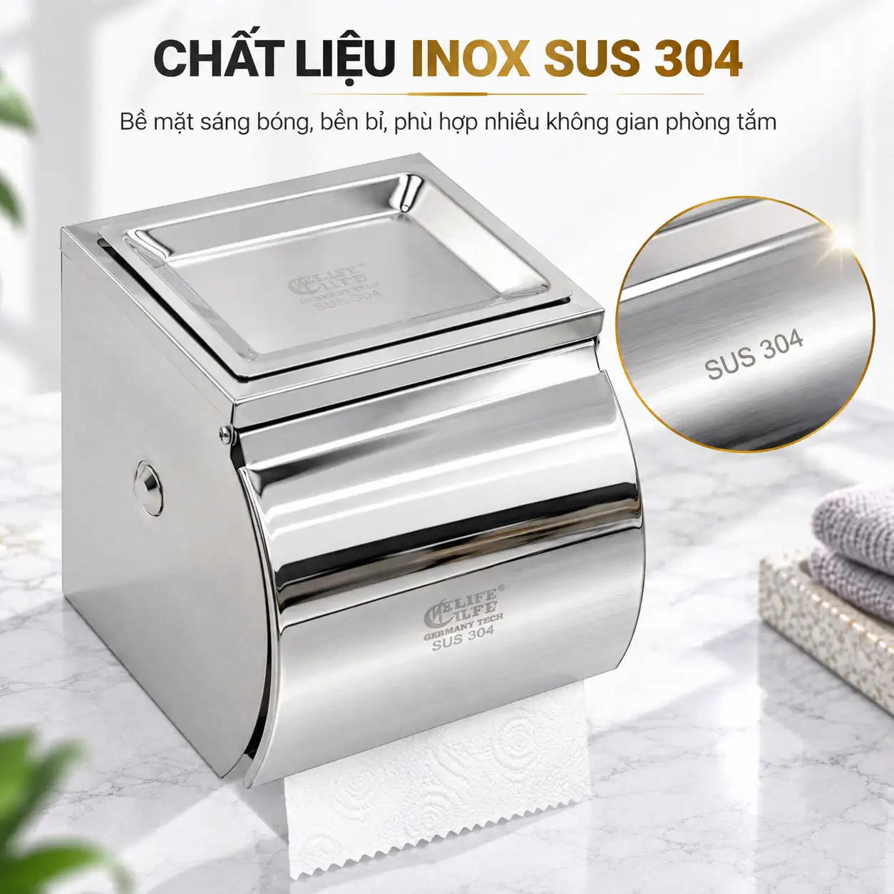 Chất liệu Inox SUS 304 hộp đựng giấy vệ sinh Eurolife EL-P06-4